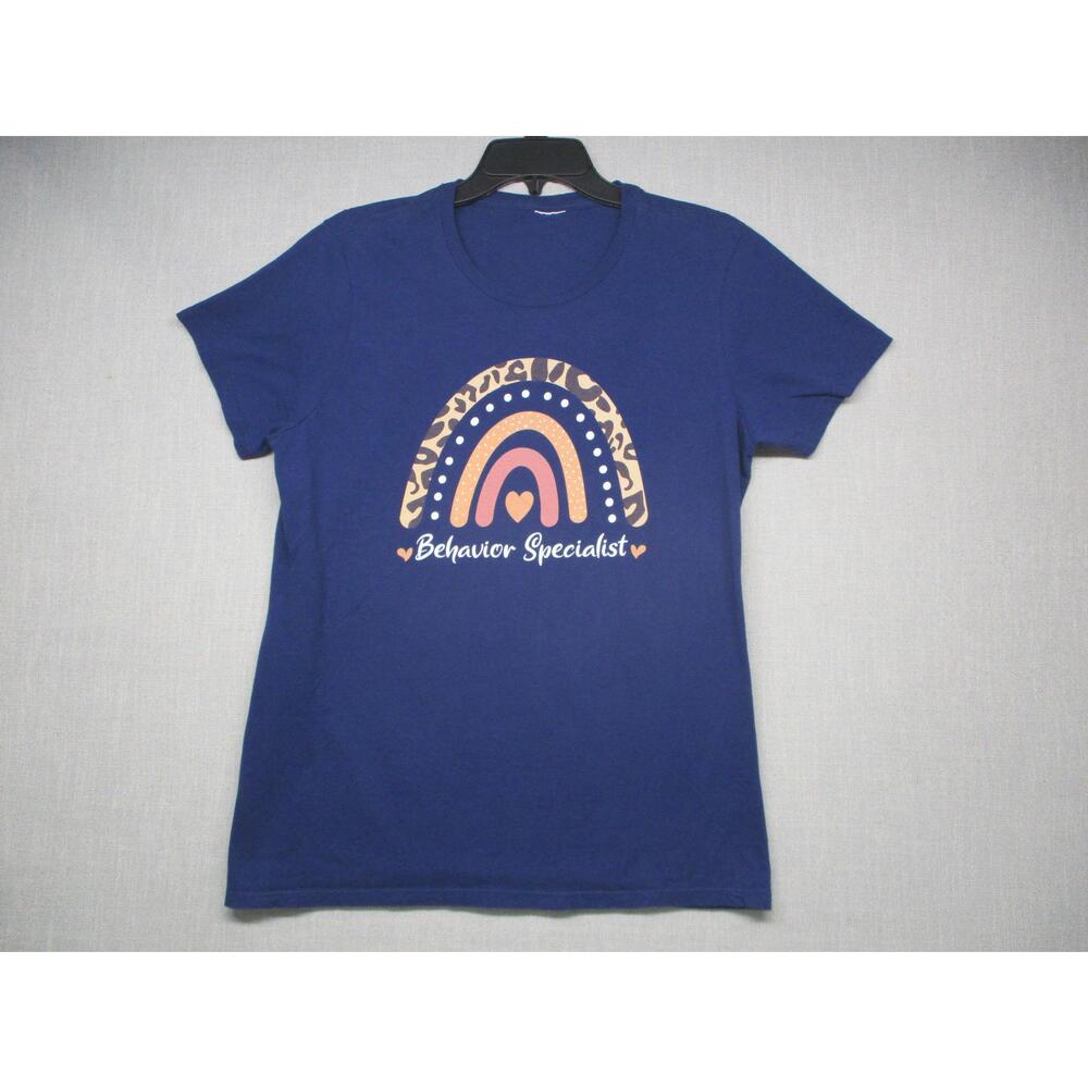 Blue Behavior Specialist Rainbow Leopard Graphic Crew Neck T-Shirt Womens L
